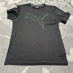 Men’s Puma Dark Heather Grey Neon Green Logo Dry Fit Athletic Short Sleeve Tee